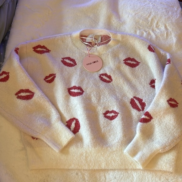 Pink Rose Sweaters - Pink rose Valentine’s Day, lipstick kiss lips sweater. 💋💋💋